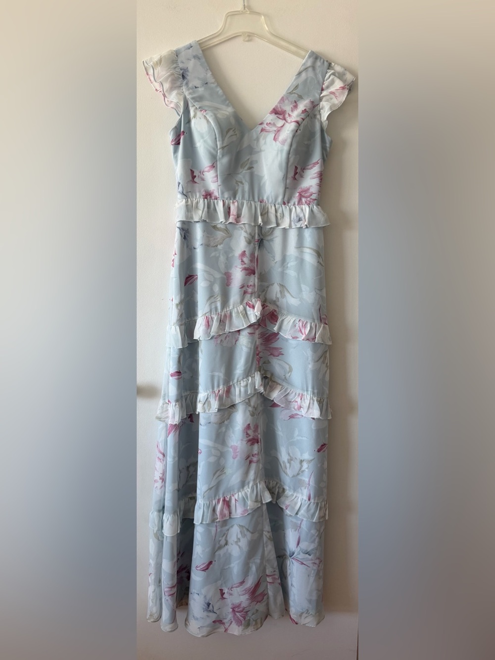 Revelry Amelia Chiffon Maxi Bridesmaid Dress Sky Blue Garden Floral Ruffle 8